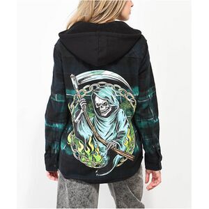Broken Promises Grim Reaper Thomas Overdyed Green Hooded Flannel Shirt - Large